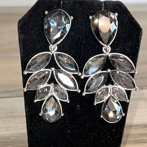 Smoky Quarts Inspired Rhinestone Dangling Earrings Elegant Leaf Design - Picture 1 of 6